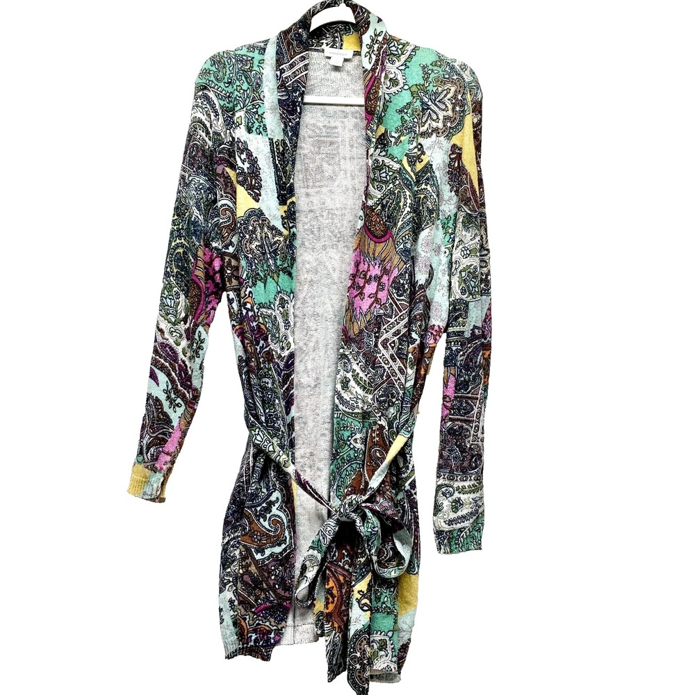 Sundance Womens Large Multicolor Long Cardigan Belt Tie Linen Blend Sweater (B5)